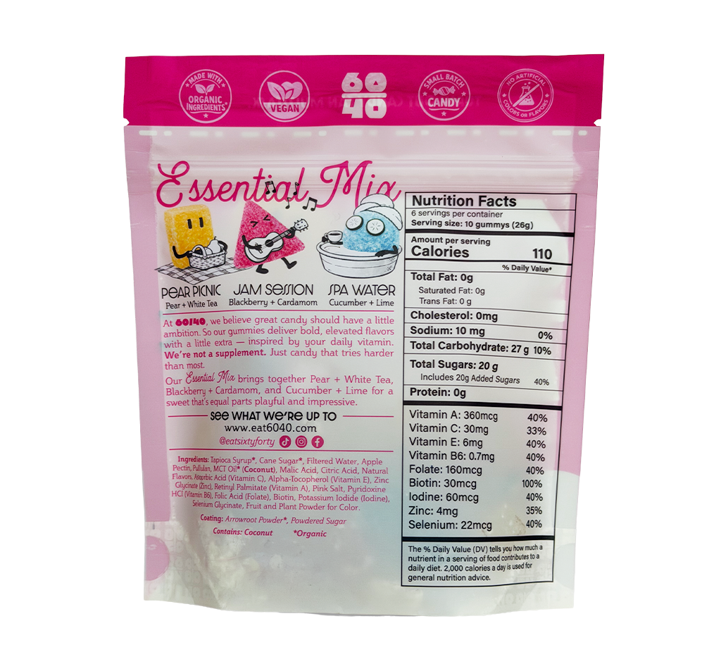 Pink package of Essential Mix gummy candy with nutritional information on a white background
