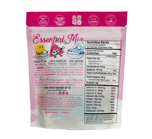 Pink package of Essential Mix gummy candy with nutritional information on a white background