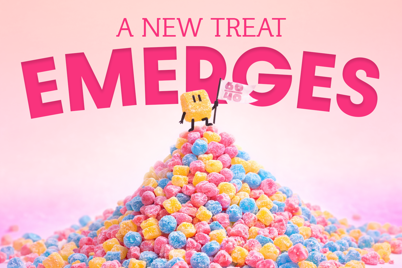 Character standing on a pile of colorful gumballs with text 'A New Treat Emerges' on a pink background
