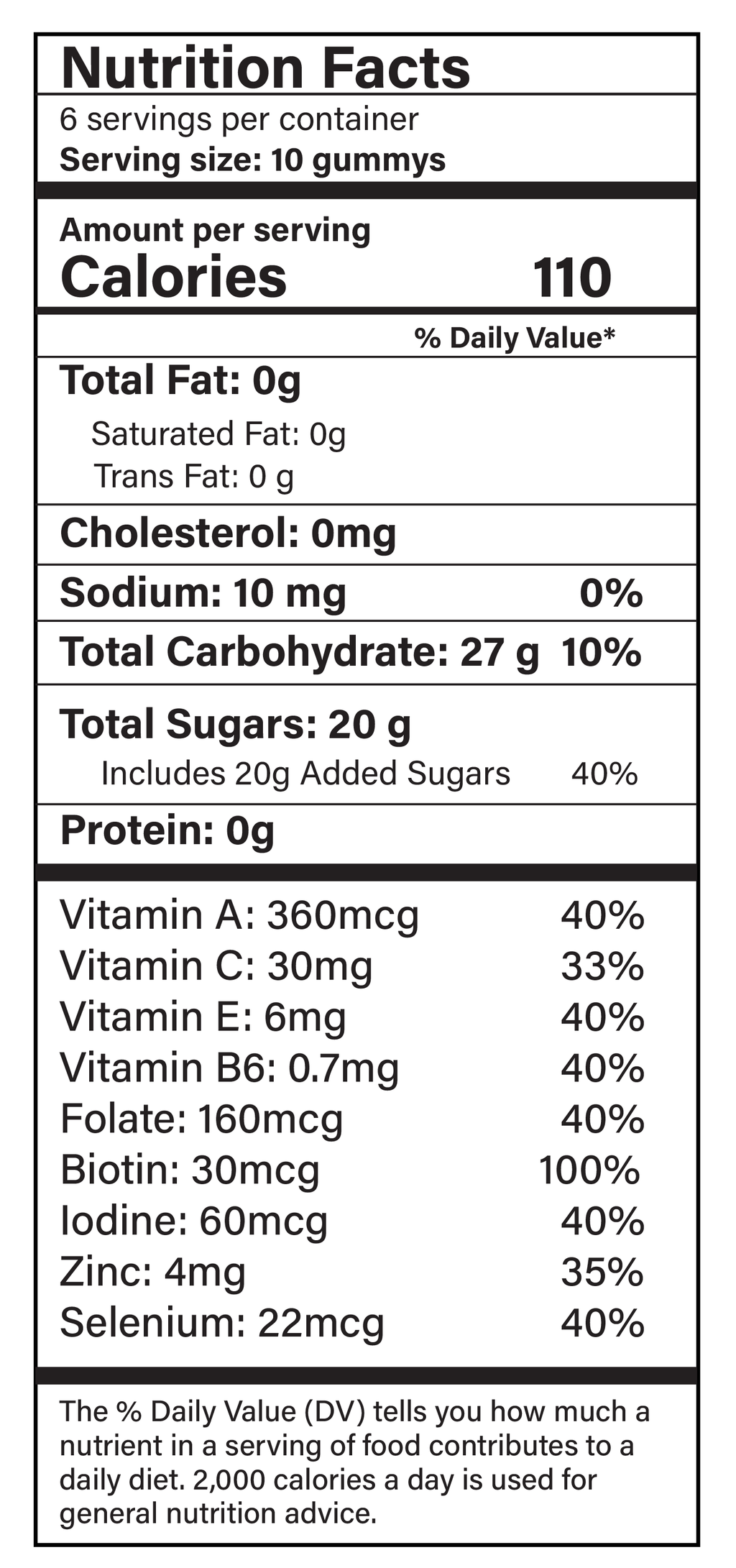 Nutrition facts label for a product with 110 calories, 27g carbs, and 20g sugars per serving.